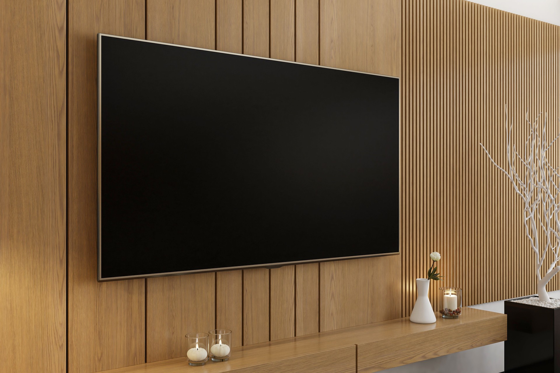 Modern TV Room with Pine Wall Paneling and Wall-Mounted TV Screen