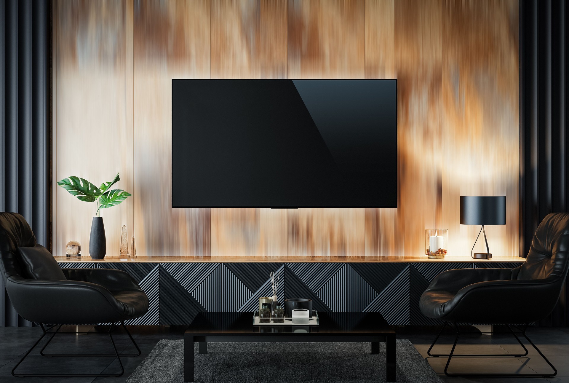 Luxury dark living room interior with 75" TV